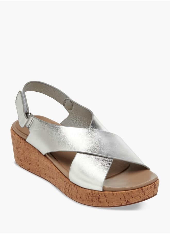 Women's Foil Textured Cross-Strap Platform Sandals with Hook and Loop Closure