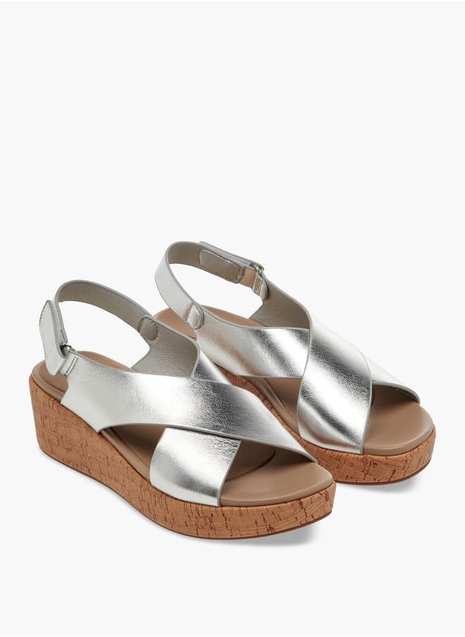 Women's Foil Textured Cross-Strap Platform Sandals with Hook and Loop Closure