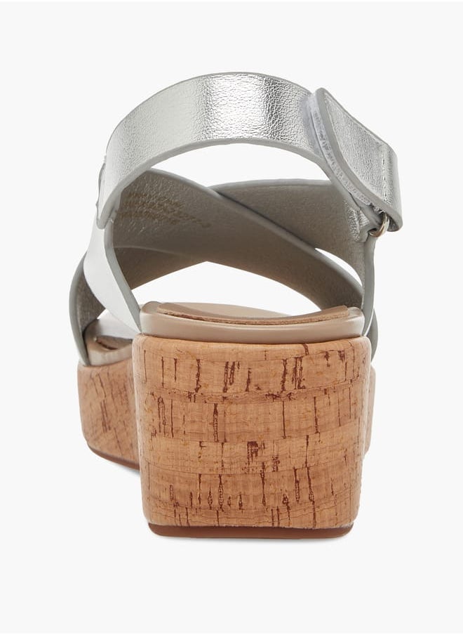 Women's Foil Textured Cross-Strap Platform Sandals with Hook and Loop Closure
