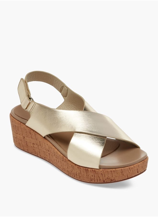 Women's Foil Textured Cross-Strap Platform Sandals with Hook and Loop Closure