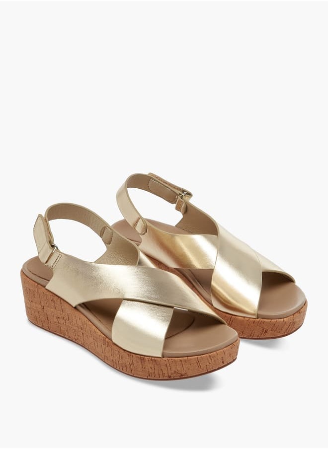 Women's Foil Textured Cross-Strap Platform Sandals with Hook and Loop Closure