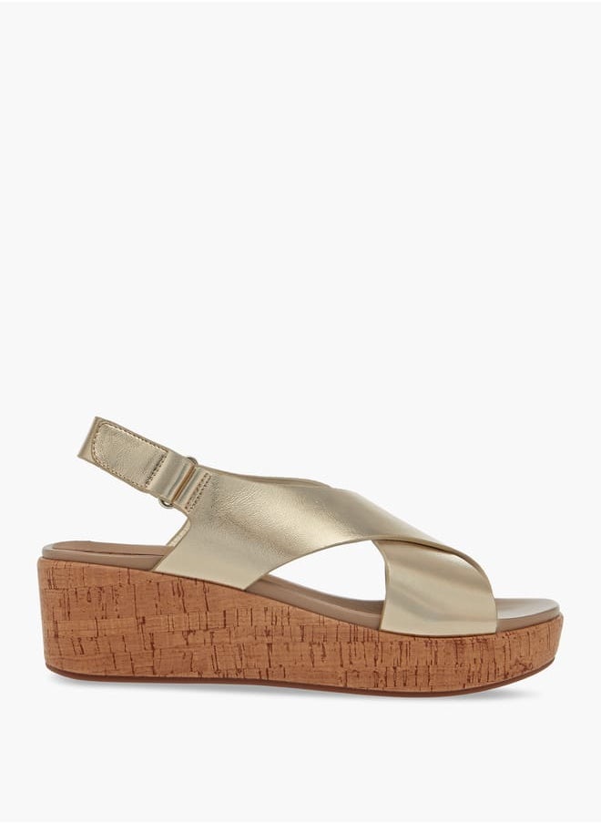 Women's Foil Textured Cross-Strap Platform Sandals with Hook and Loop Closure