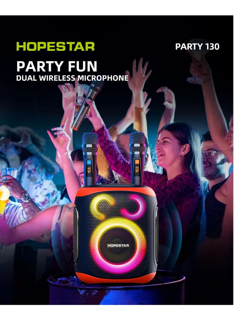 Party 130 Portable Bluetooth Speaker with 120W Powerful Audio, 80W Bass Horn, Dual Wireless Microphones, IPX5 Waterproof, 22000mAh Battery, 10-Hour Playback – Perfect for Outdoor Parties, Karaoke, and Events