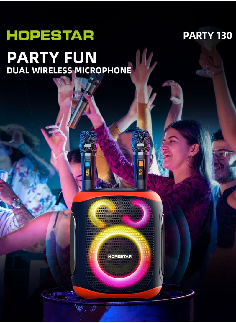 Party 130 Portable Bluetooth Speaker with 120W Powerful Audio, 80W Bass Horn, Dual Wireless Microphones, IPX5 Waterproof, 22000mAh Battery, 10-Hour Playback – Perfect for Outdoor Parties, Karaoke, and Events