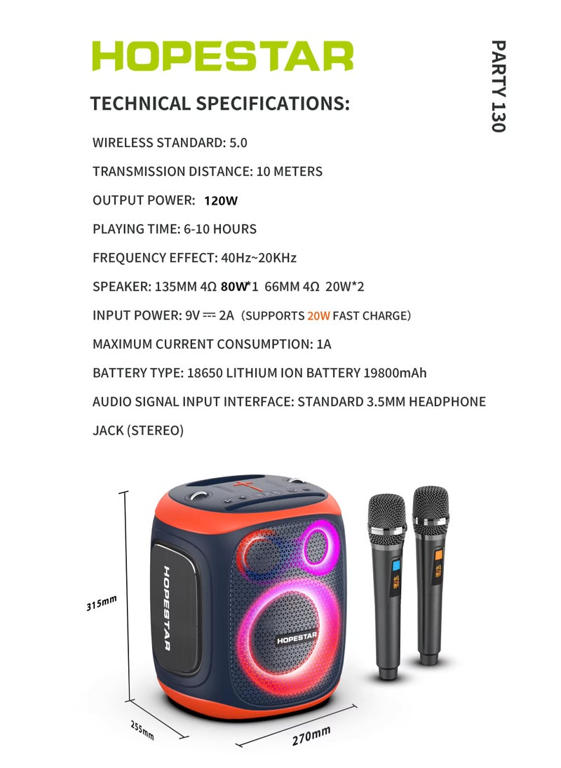 Party 130 Portable Bluetooth Speaker with 120W Powerful Audio, 80W Bass Horn, Dual Wireless Microphones, IPX5 Waterproof, 22000mAh Battery, 10-Hour Playback – Perfect for Outdoor Parties, Karaoke, and Events