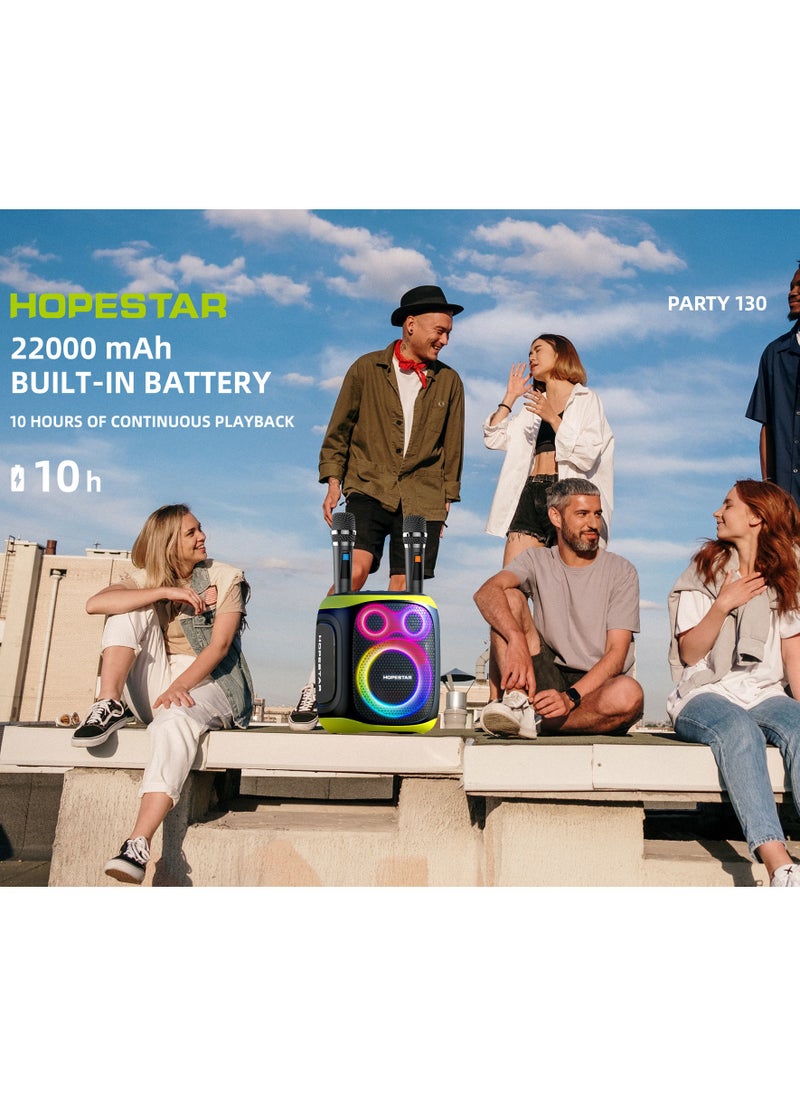Party 130 Portable Bluetooth Speaker with 120W Powerful Audio, 80W Bass Horn, Dual Wireless Microphones, IPX5 Waterproof, 22000mAh Battery, 10-Hour Playback – Perfect for Outdoor Parties, Karaoke, and Events
