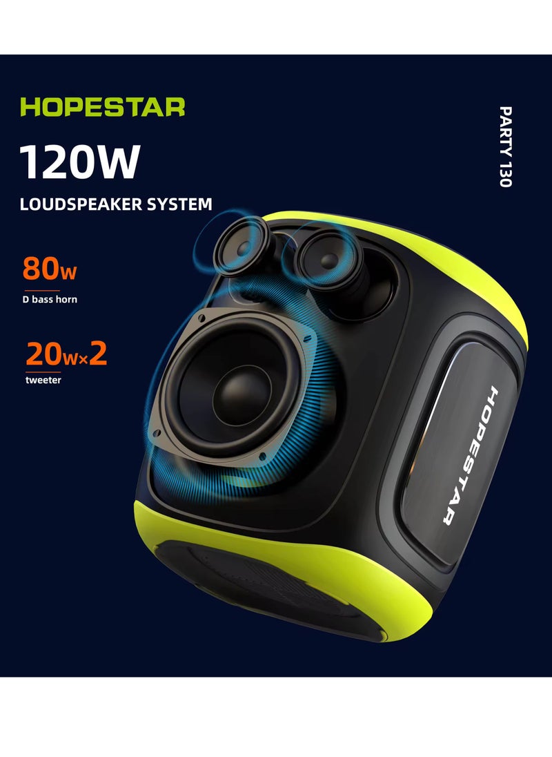 Party 130 Portable Bluetooth Speaker with 120W Powerful Audio, 80W Bass Horn, Dual Wireless Microphones, IPX5 Waterproof, 22000mAh Battery, 10-Hour Playback – Perfect for Outdoor Parties, Karaoke, and Events