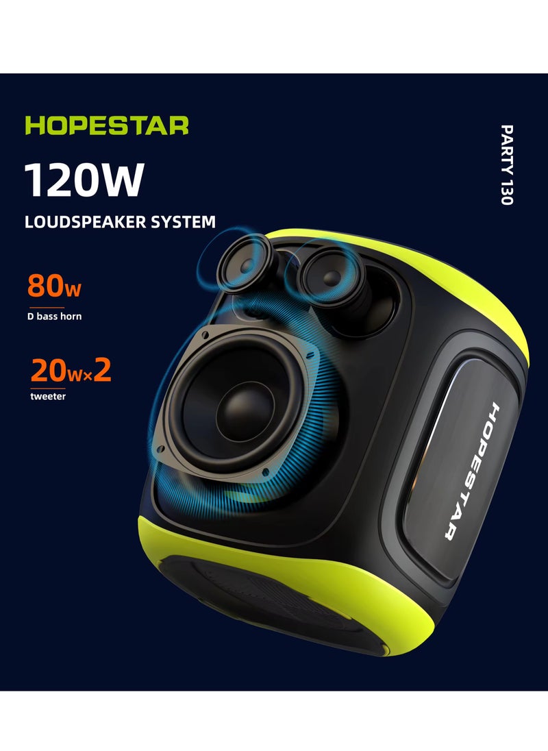 Party 130 Portable Bluetooth Speaker with 120W Powerful Audio, 80W Bass Horn, Dual Wireless Microphones, IPX5 Waterproof, 22000mAh Battery, 10-Hour Playback – Perfect for Outdoor Parties, Karaoke, and Events