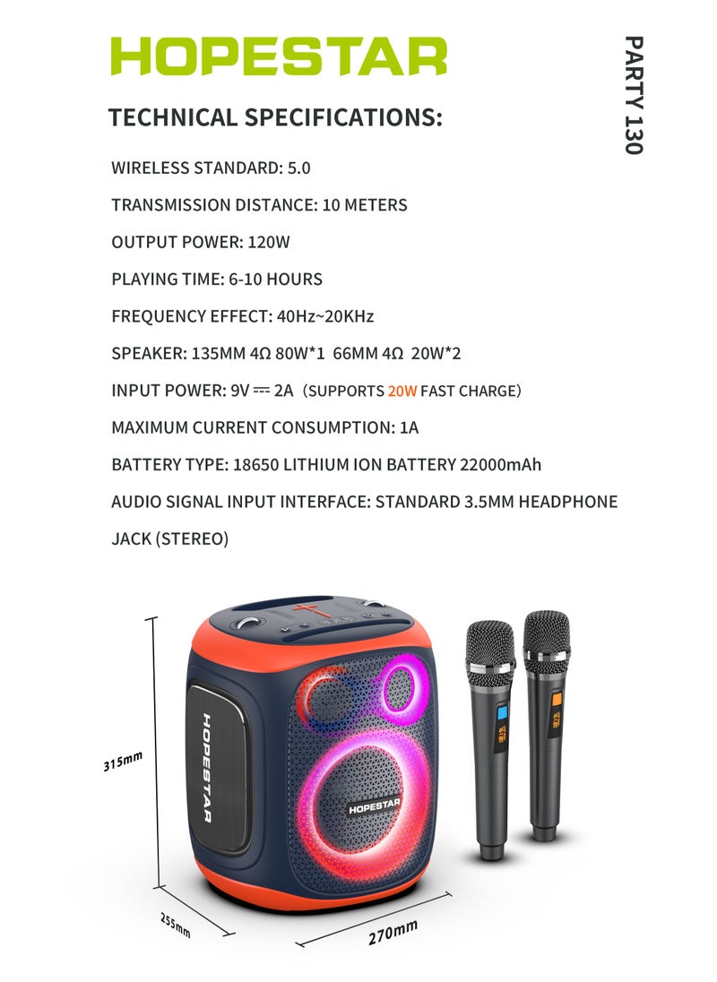 Party 130 Portable Bluetooth Speaker with 120W Powerful Audio, 80W Bass Horn, Dual Wireless Microphones, IPX5 Waterproof, 22000mAh Battery, 10-Hour Playback – Perfect for Outdoor Parties, Karaoke, and Events