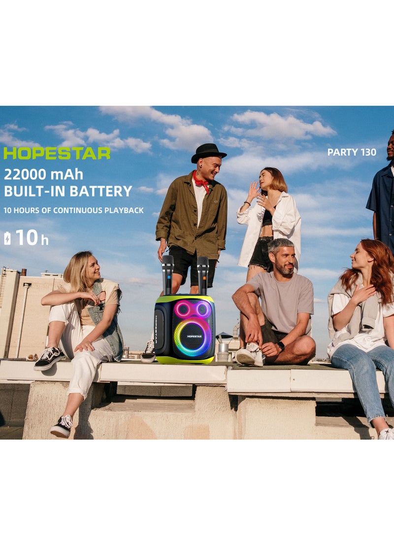 Party 130 Portable Bluetooth Speaker with 120W Powerful Audio, 80W Bass Horn, Dual Wireless Microphones, IPX5 Waterproof, 22000mAh Battery, 10-Hour Playback – Perfect for Outdoor Parties, Karaoke, and Events