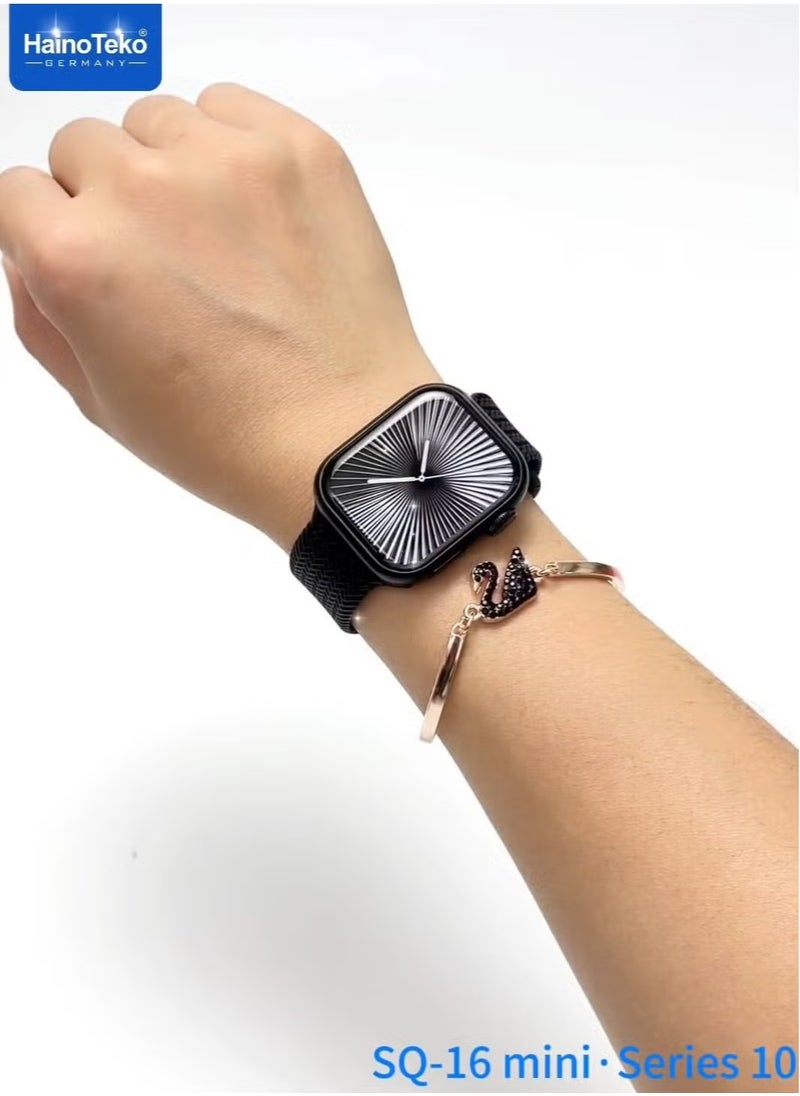 SQ-16 Mini Series 10 AMOLED Display Smart Watch with Stylish Bracelet, 3 Pairs of Straps, and Charging Cable – Designed for Ladies – Black