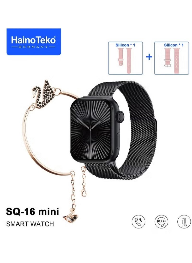 SQ-16 Mini Series 10 AMOLED Display Smart Watch with Stylish Bracelet, 3 Pairs of Straps, and Charging Cable – Designed for Ladies – Black