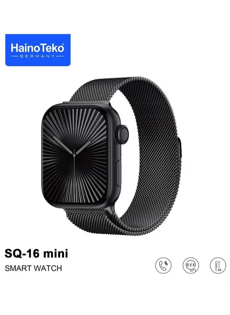 SQ-16 Mini Series 10 AMOLED Display Smart Watch with Stylish Bracelet, 3 Pairs of Straps, and Charging Cable – Designed for Ladies – Black