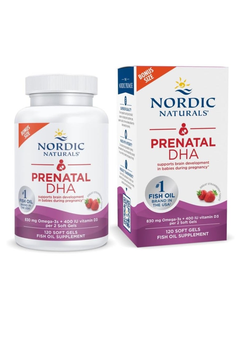 Prenatal DHA, Strawberry - 120 Soft Gels - 830 mg Omega-3 + 400 IU Vitamin D3 - Supports Brain Development in Babies During Pregnancy & Lactation - Non-GMO - 60 Servings