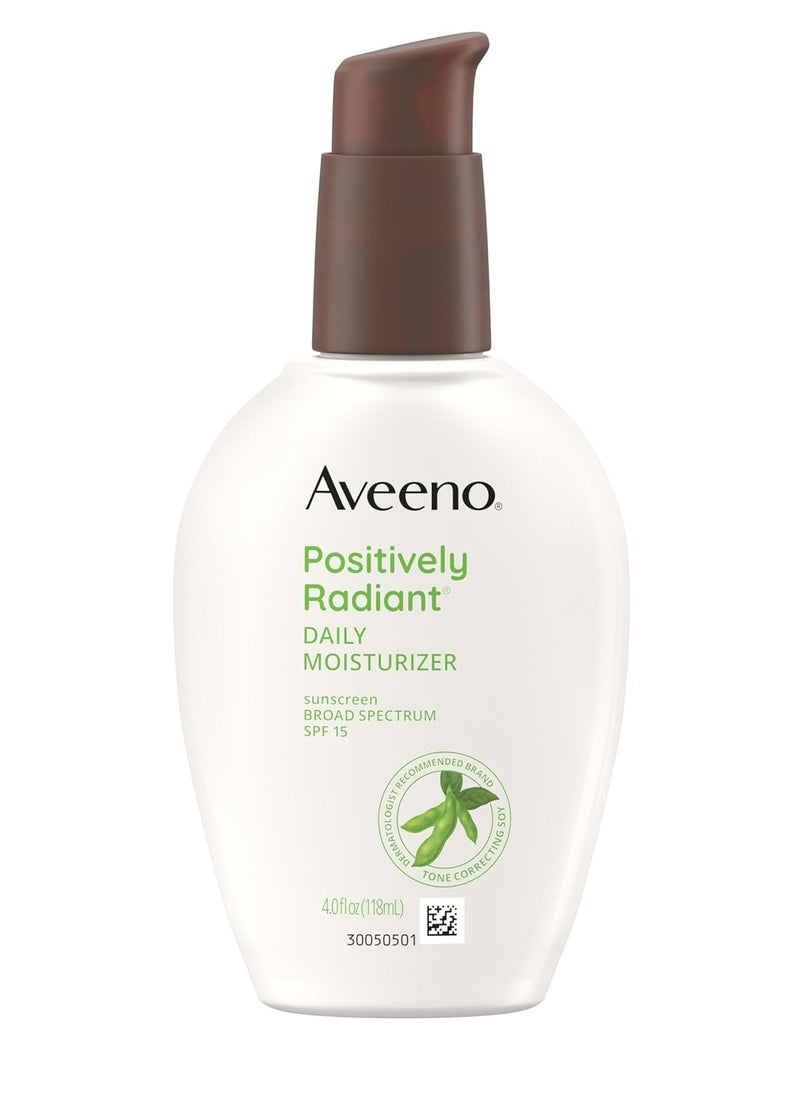 Aveeno Positively Radiant Daily Face Moisturizer with SPF 15 Sunscreen, Hydrating Facial Moisturizer with Soy Extract to Improve Skin Tone and Texture, Hypoallergenic Formula, Oil-Free, 4 FL OZ