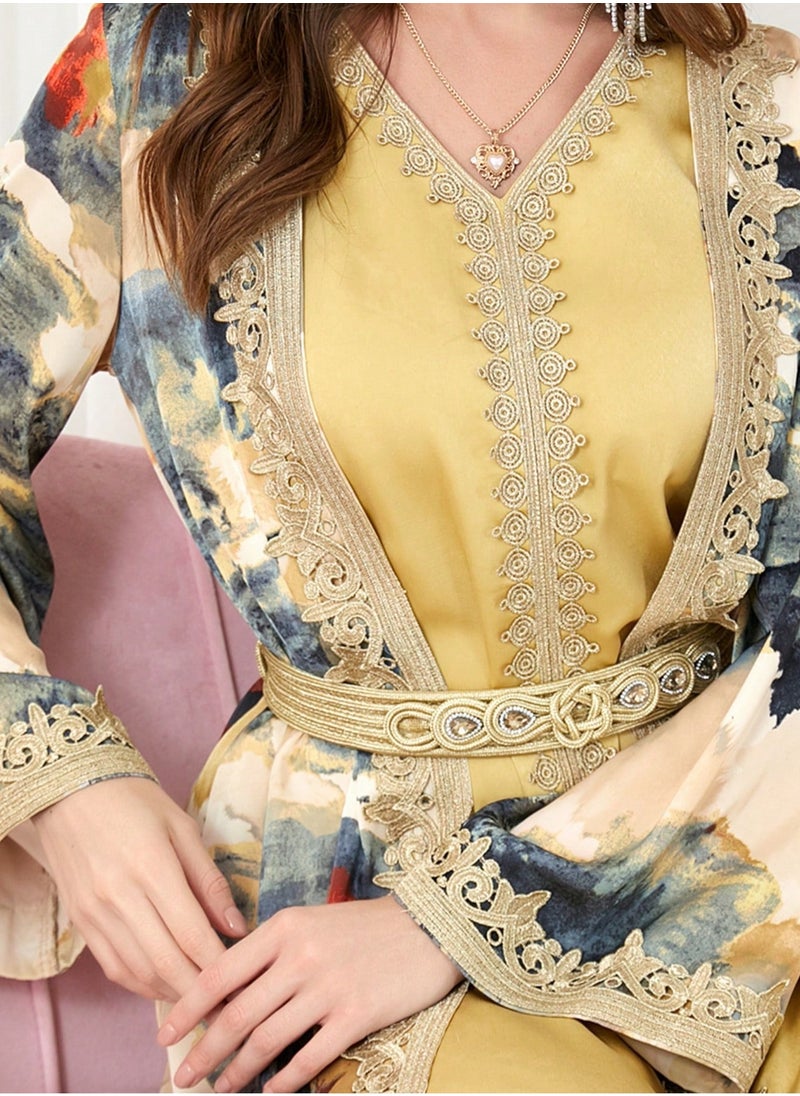Abayas For Women V-Neck Long Sleeve Printed Robe Two Piece Dress Modest Muslim Dress