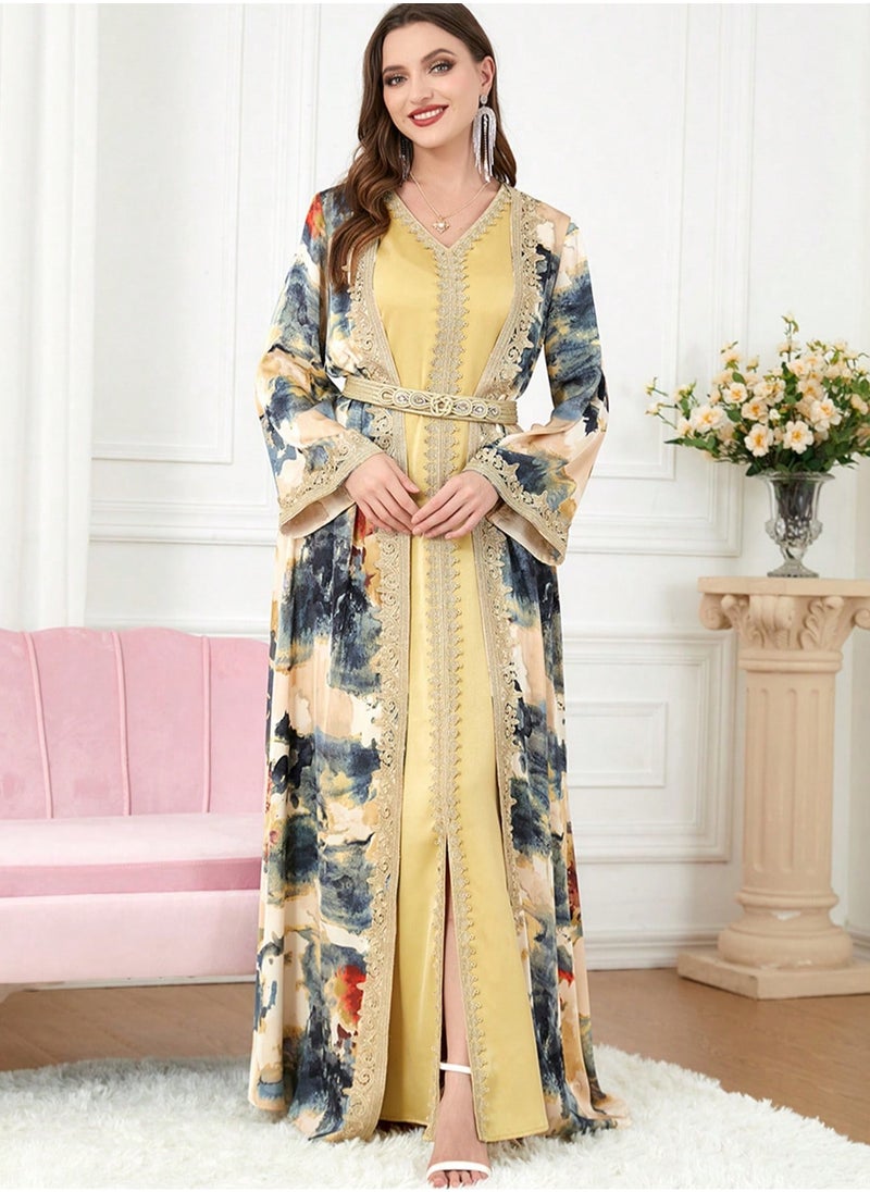 Abayas For Women V-Neck Long Sleeve Printed Robe Two Piece Dress Modest Muslim Dress