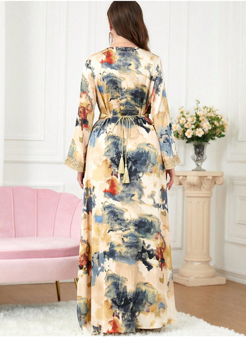 Abayas For Women V-Neck Long Sleeve Printed Robe Two Piece Dress Modest Muslim Dress