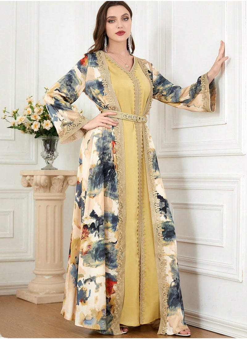 Abayas For Women V-Neck Long Sleeve Printed Robe Two Piece Dress Modest Muslim Dress