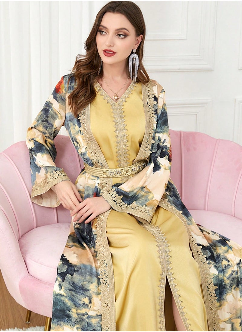 Abayas For Women V-Neck Long Sleeve Printed Robe Two Piece Dress Modest Muslim Dress
