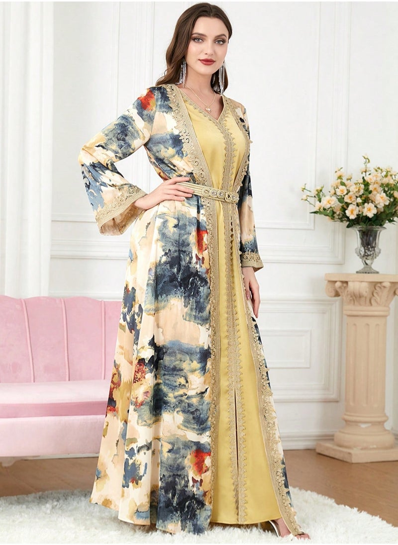 Abayas For Women V-Neck Long Sleeve Printed Robe Two Piece Dress Modest Muslim Dress