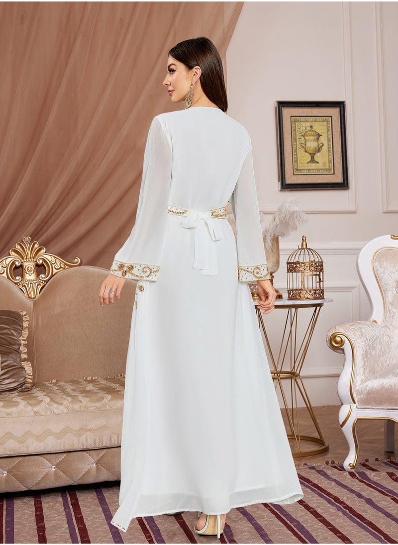 Moroccan White Dubai Kaftans Abaya Dress Very Fancy Long Modern Farasha Gown Islamic Dress