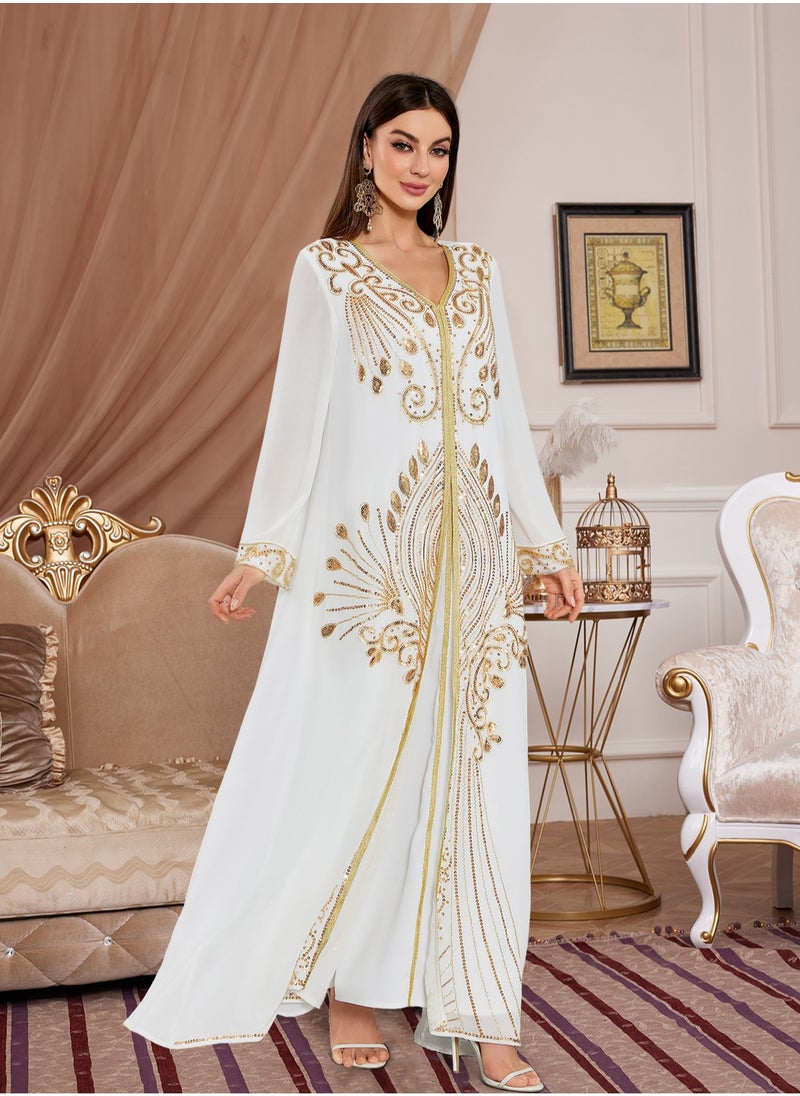 Moroccan White Dubai Kaftans Abaya Dress Very Fancy Long Modern Farasha Gown Islamic Dress