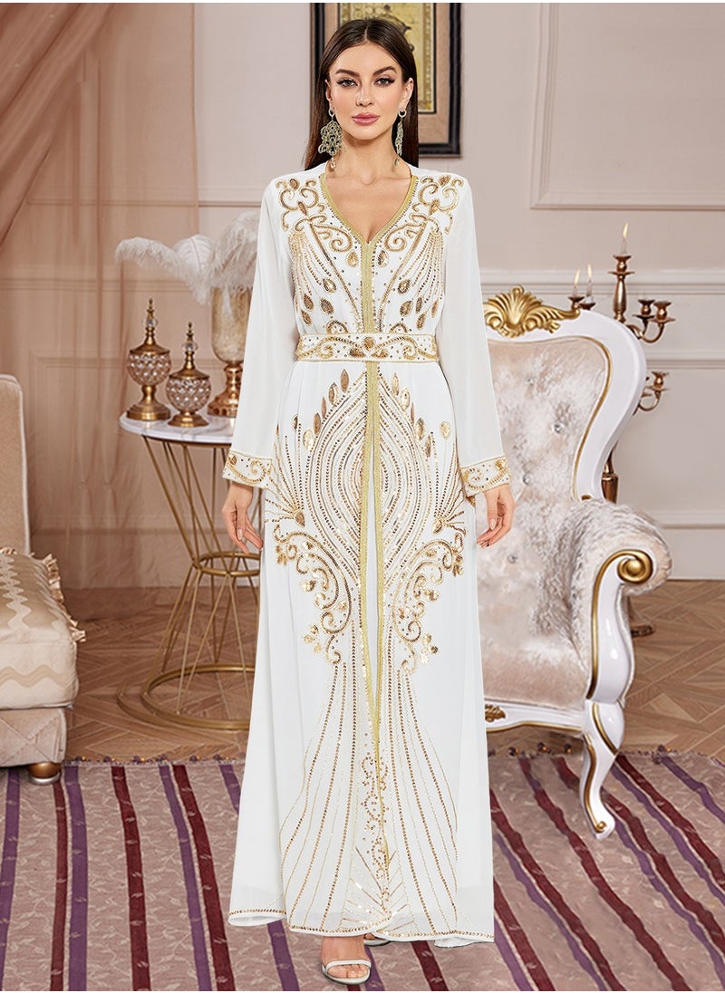 Moroccan White Dubai Kaftans Abaya Dress Very Fancy Long Modern Farasha Gown Islamic Dress