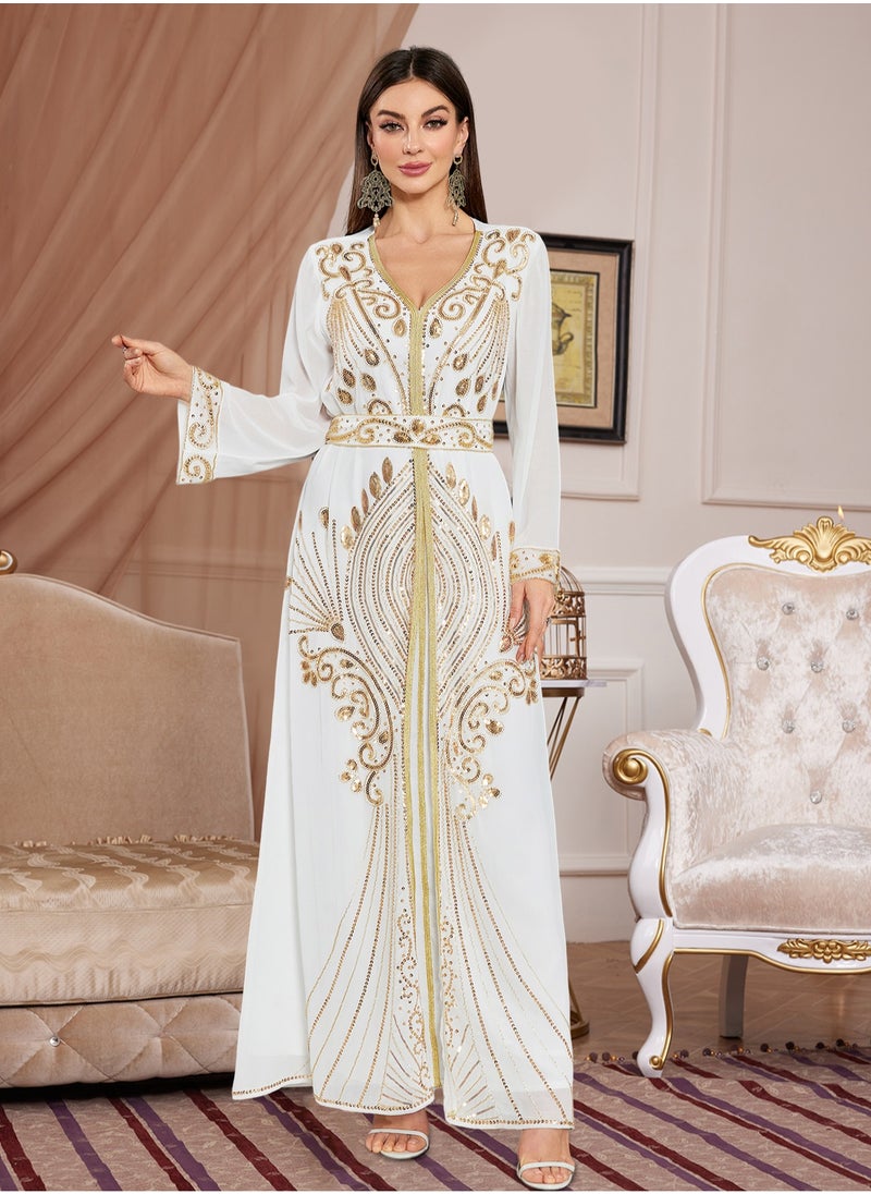 Moroccan White Dubai Kaftans Abaya Dress Very Fancy Long Modern Farasha Gown Islamic Dress