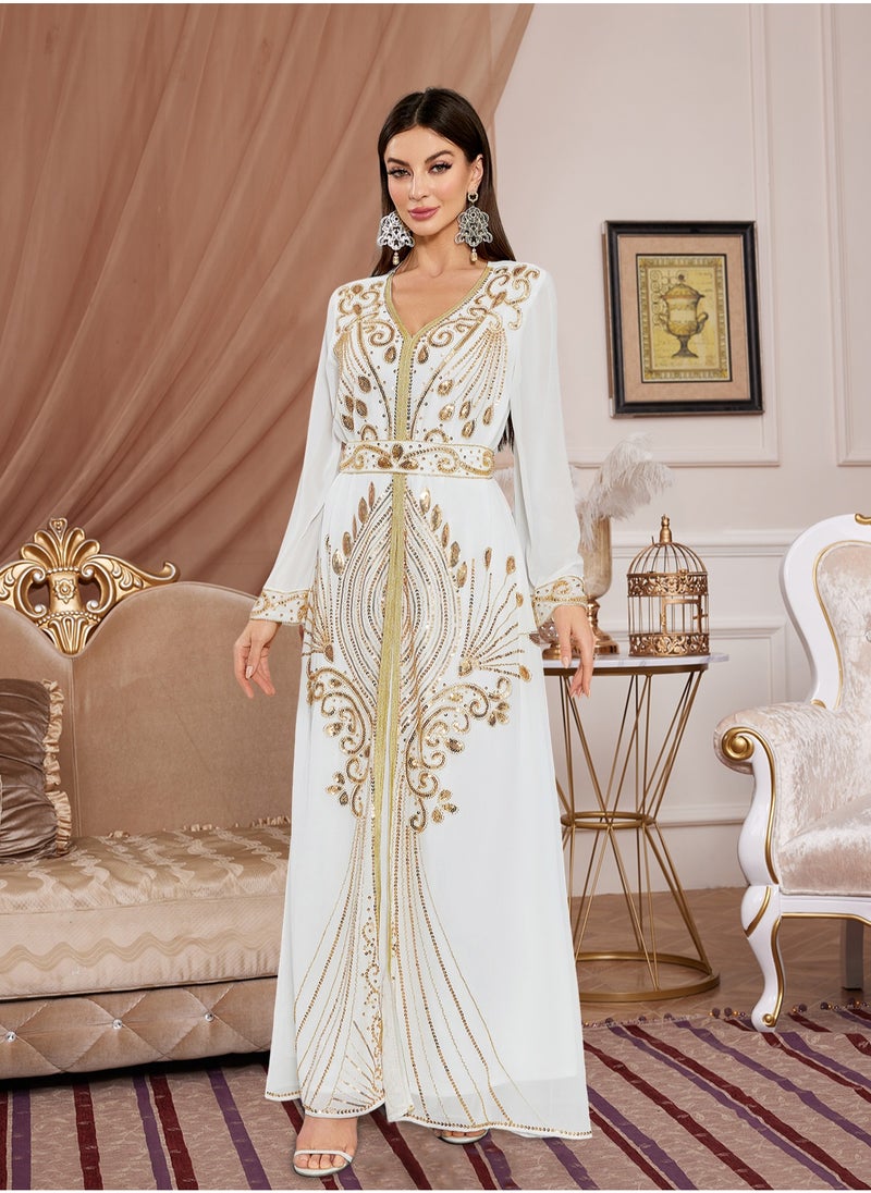 Moroccan White Dubai Kaftans Abaya Dress Very Fancy Long Modern Farasha Gown Islamic Dress