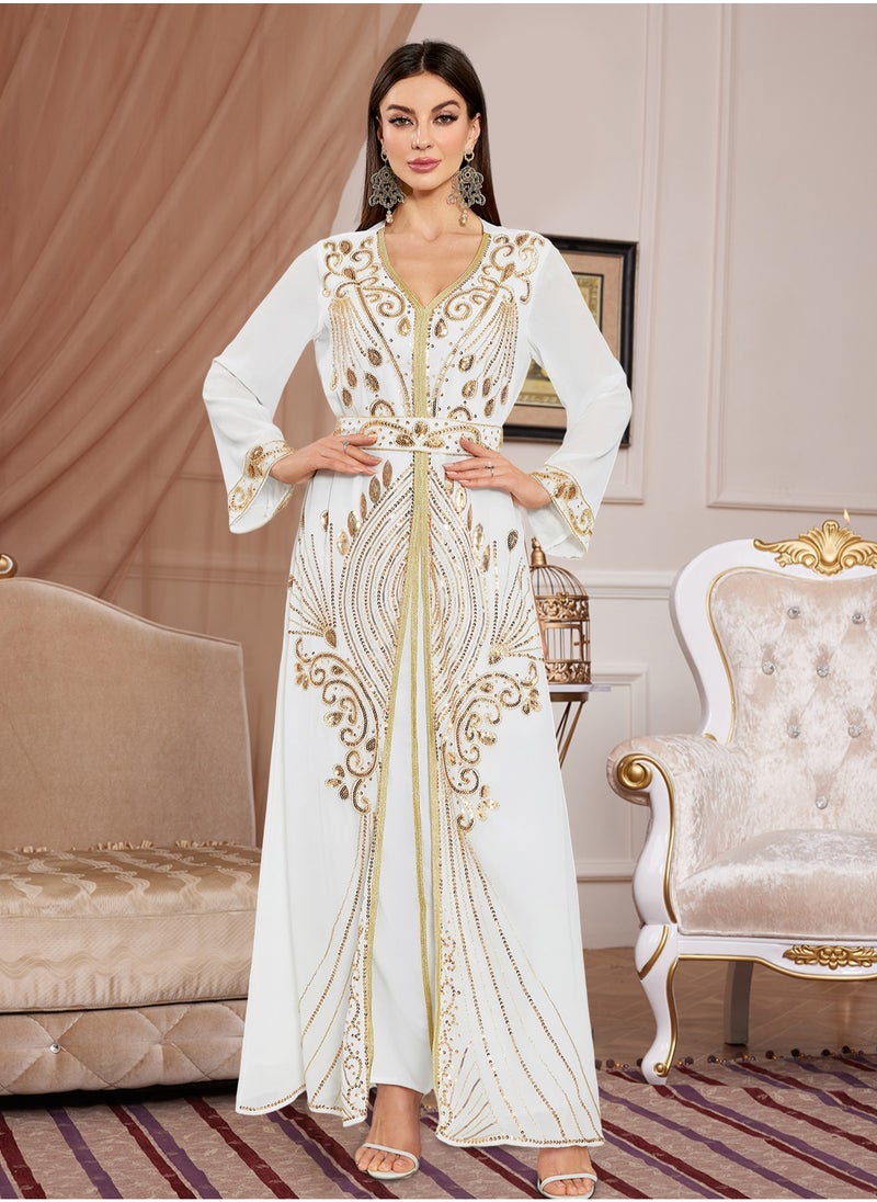 Moroccan White Dubai Kaftans Abaya Dress Very Fancy Long Modern Farasha Gown Islamic Dress