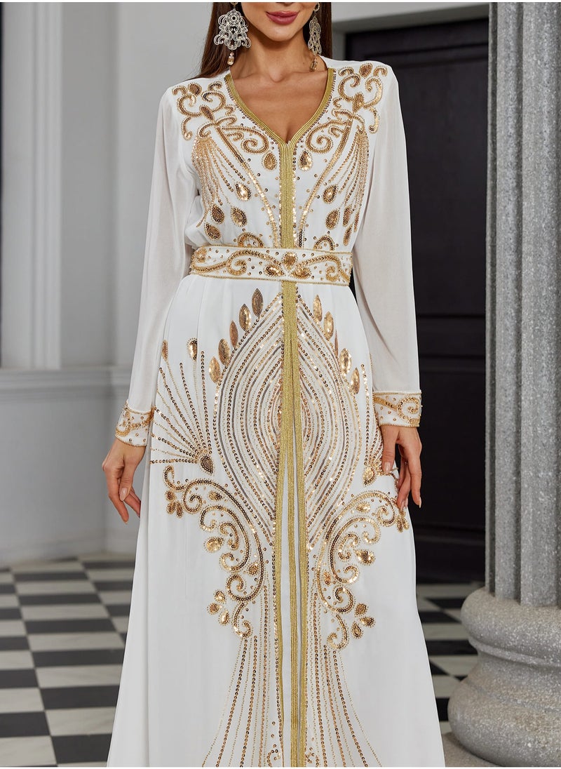 Moroccan White Dubai Kaftans Abaya Dress Very Fancy Long Modern Farasha Gown Islamic Dress