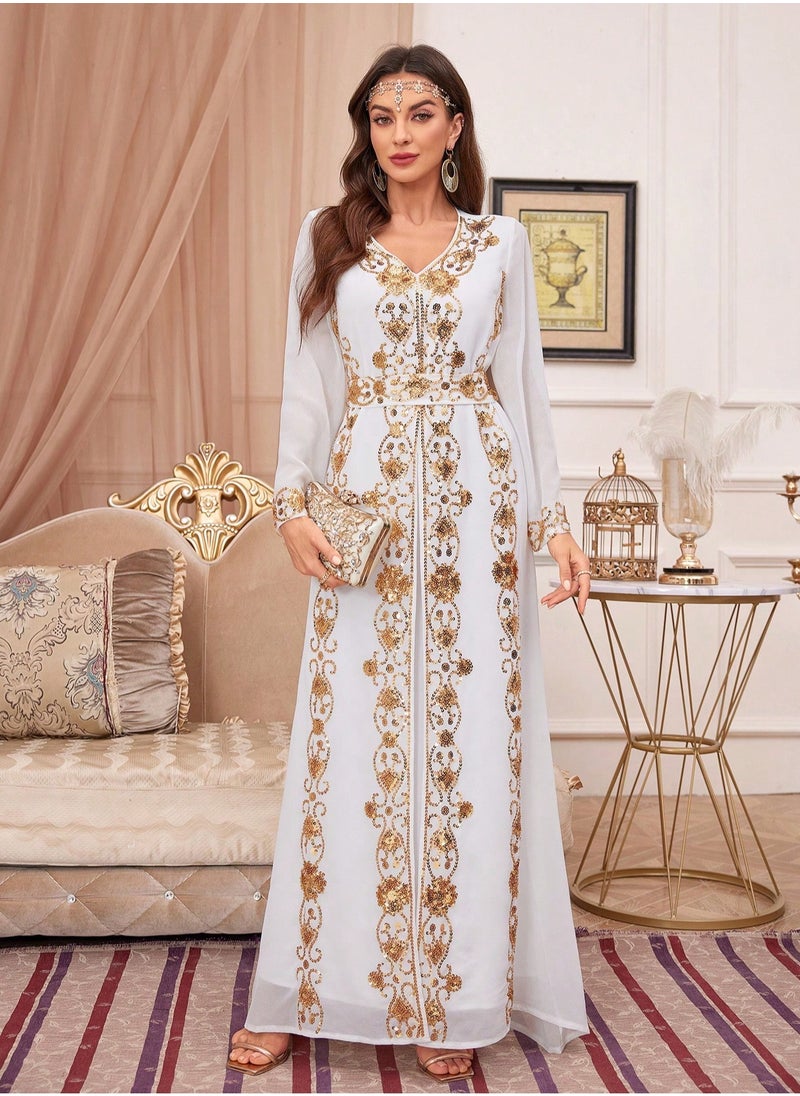 Embroidery V Neck arabic tunic maxi dress ankle long Abaya dress for woman