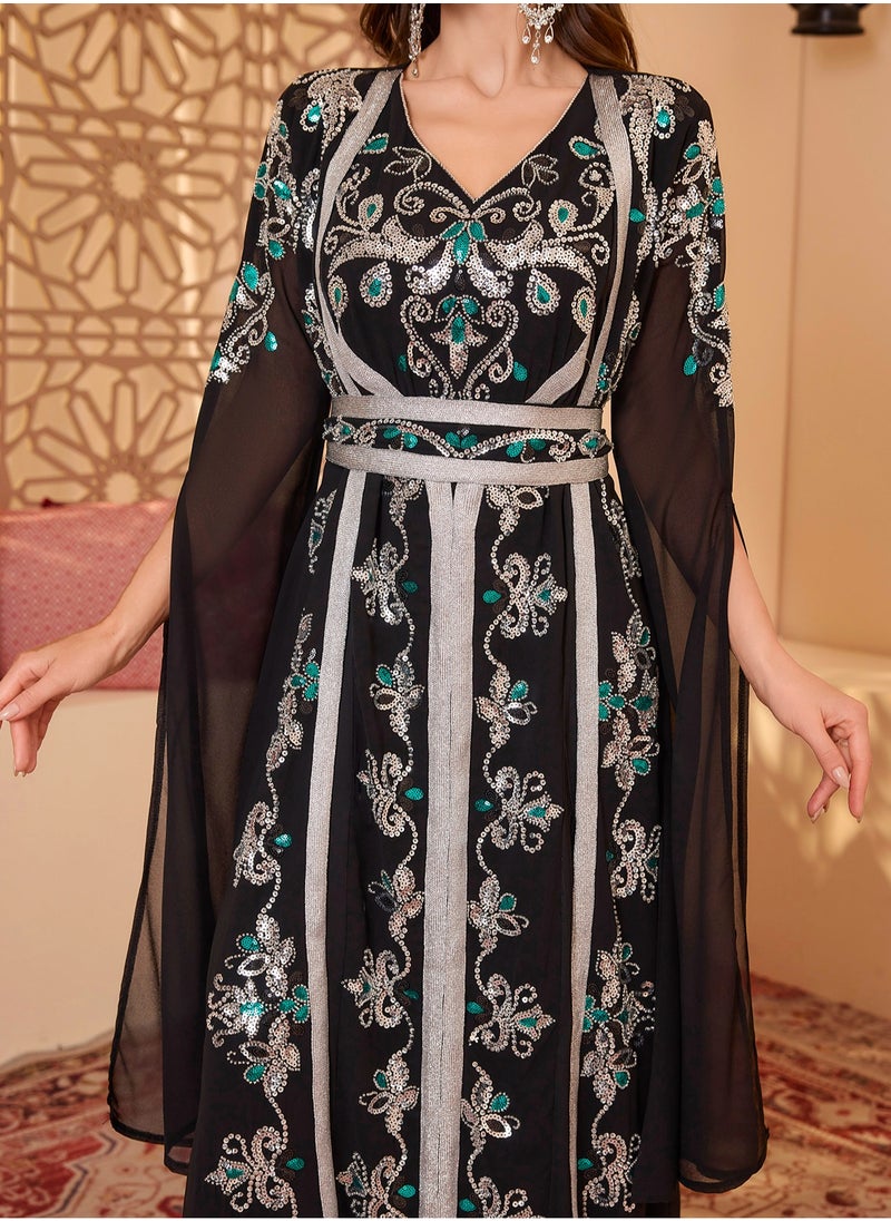 2pcs/Set Black Long Sleeve Floral Embroidery arabic tunic maxi dress ankle long dress for woman Belt Robe