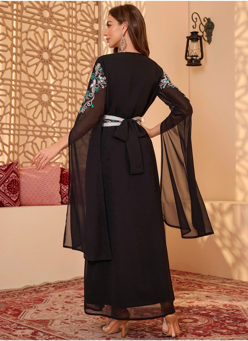 2pcs/Set Black Long Sleeve Floral Embroidery arabic tunic maxi dress ankle long dress for woman Belt Robe