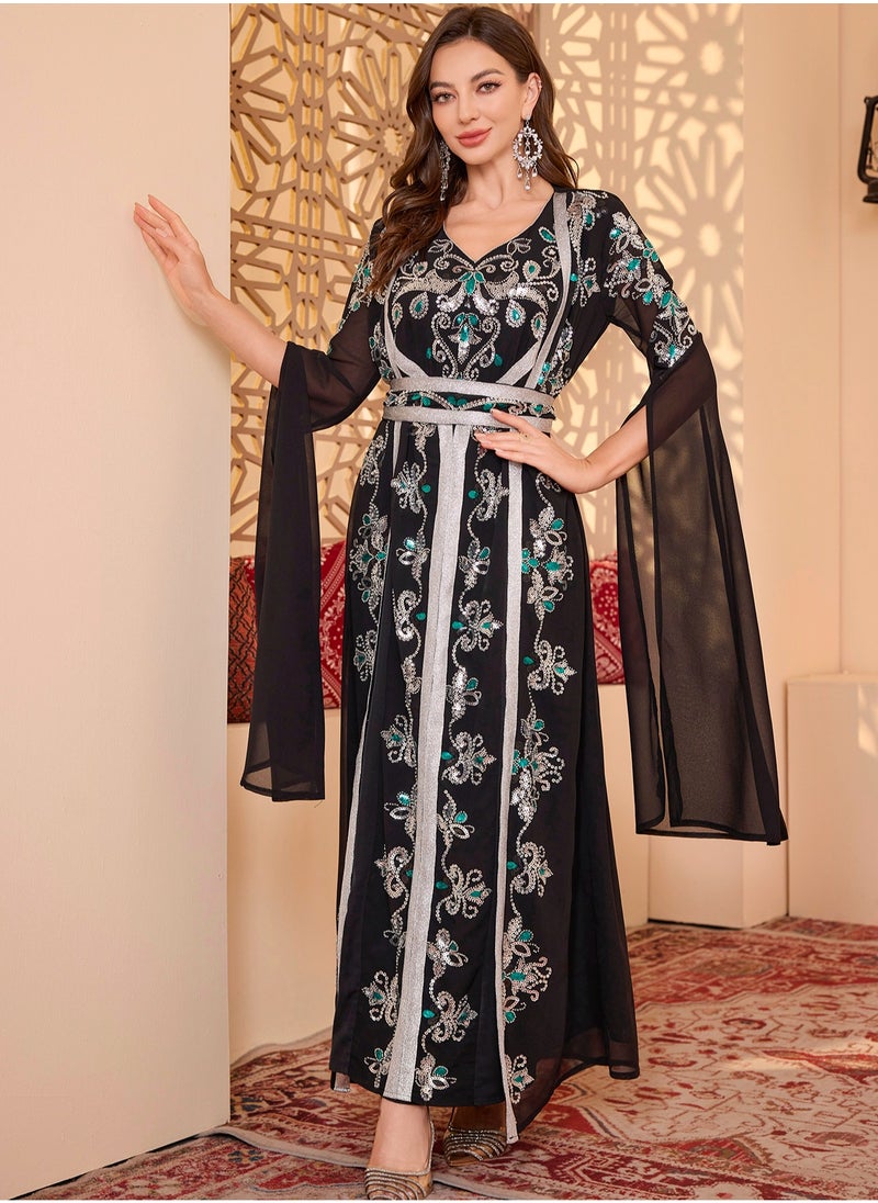 2pcs/Set Black Long Sleeve Floral Embroidery arabic tunic maxi dress ankle long dress for woman Belt Robe