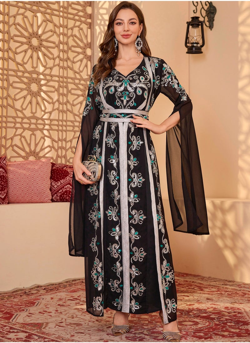 2pcs/Set Black Long Sleeve Floral Embroidery arabic tunic maxi dress ankle long dress for woman Belt Robe