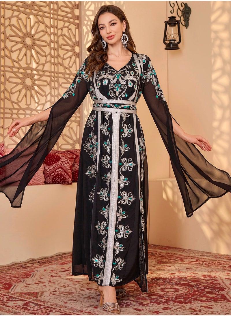 2pcs/Set Black Long Sleeve Floral Embroidery arabic tunic maxi dress ankle long dress for woman Belt Robe