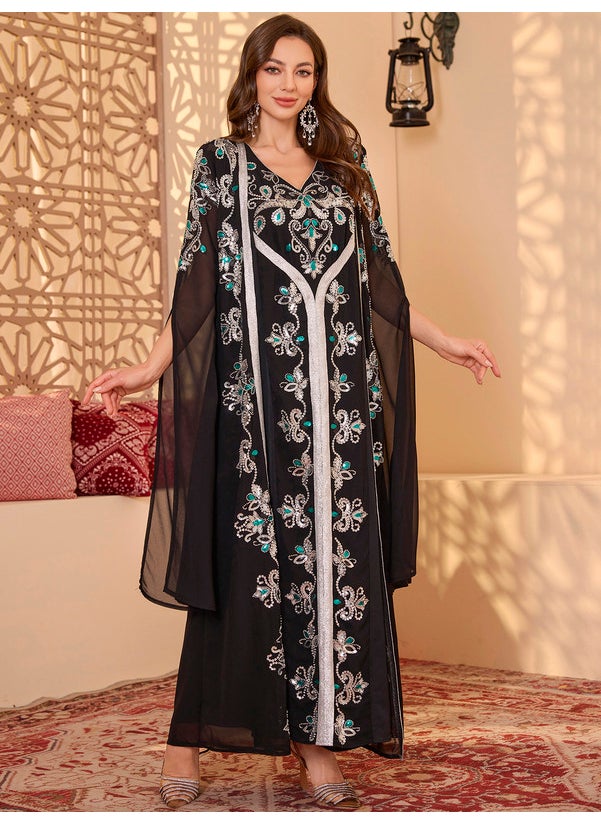2pcs/Set Black Long Sleeve Floral Embroidery arabic tunic maxi dress ankle long dress for woman Belt Robe