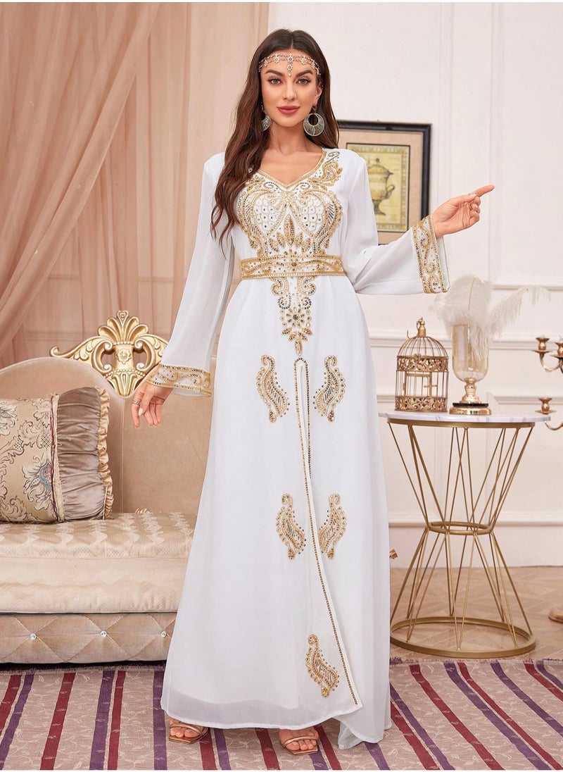 Sequin Embroidery V Neck arabic tunic maxi dress ankle long Abaya dress for woman