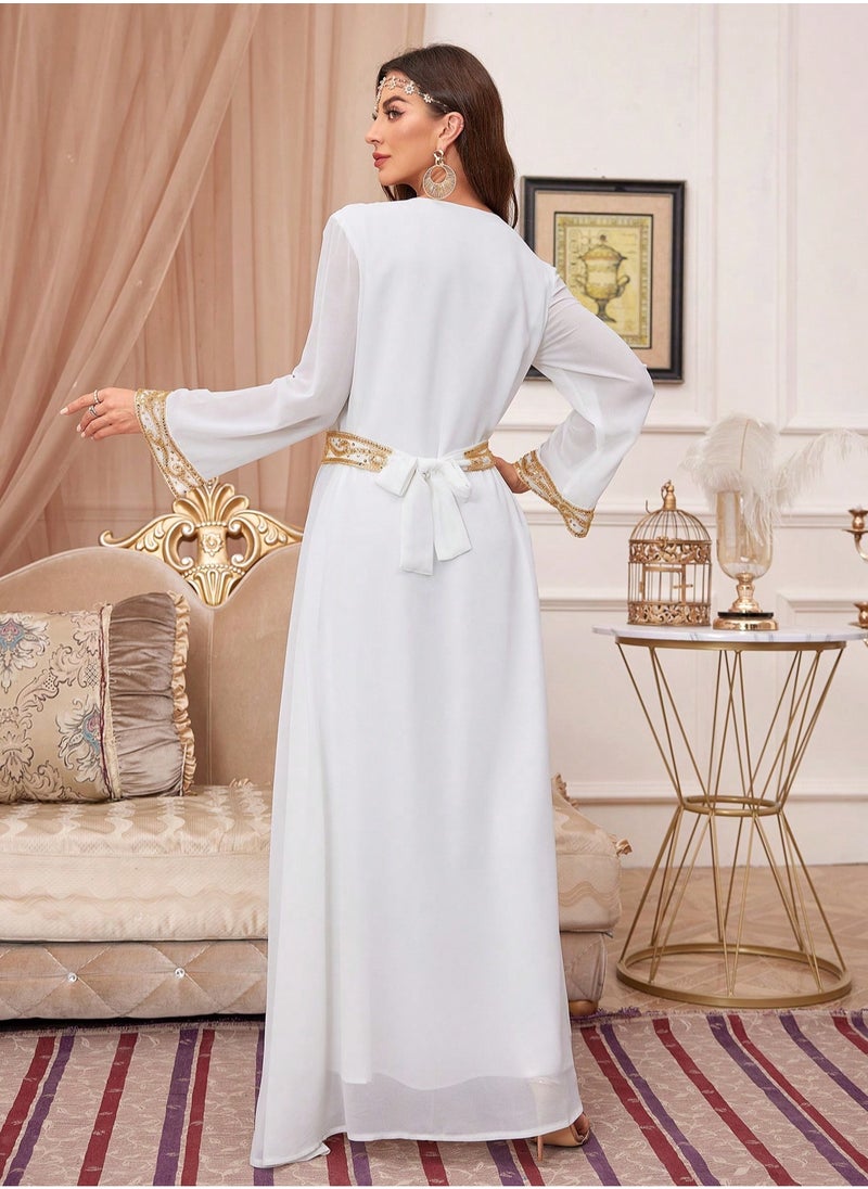 Sequin Embroidery V Neck arabic tunic maxi dress ankle long Abaya dress for woman