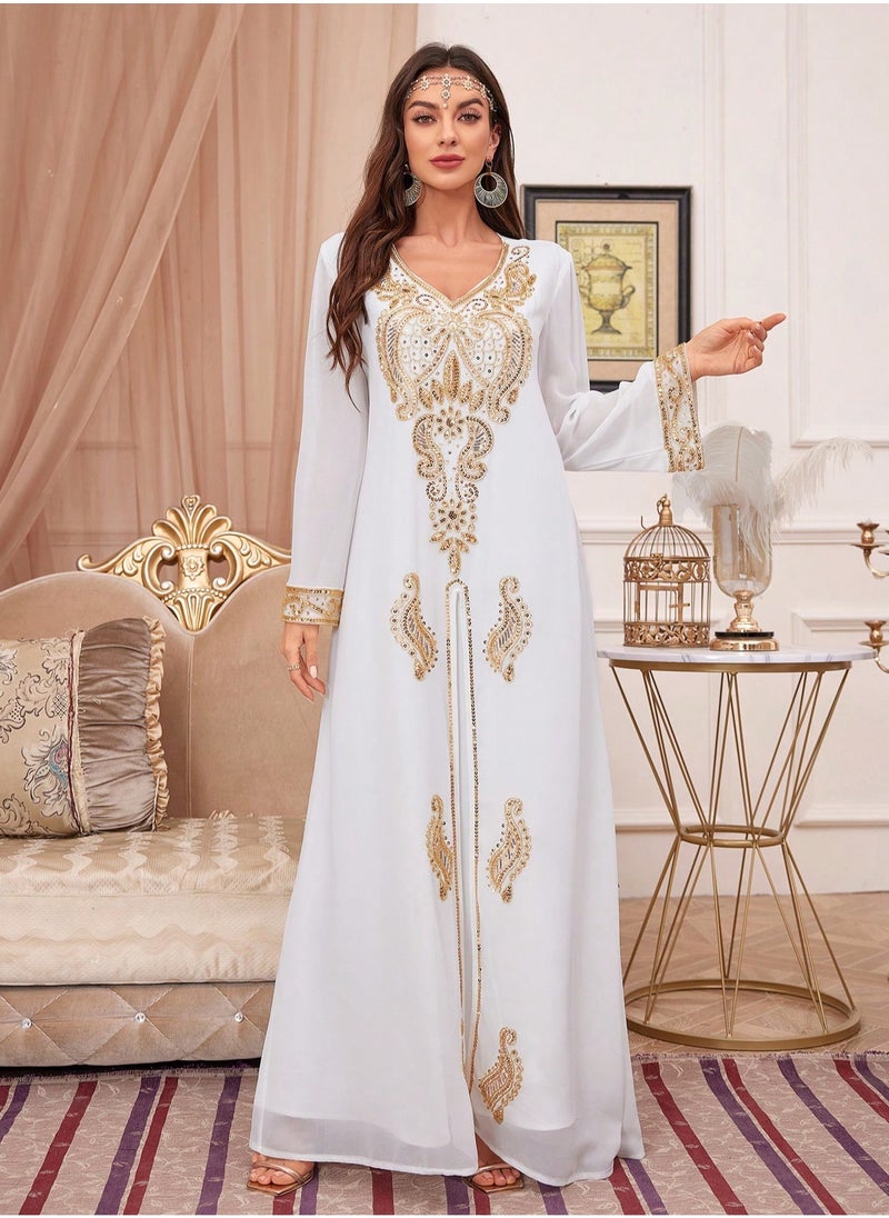 Sequin Embroidery V Neck arabic tunic maxi dress ankle long Abaya dress for woman
