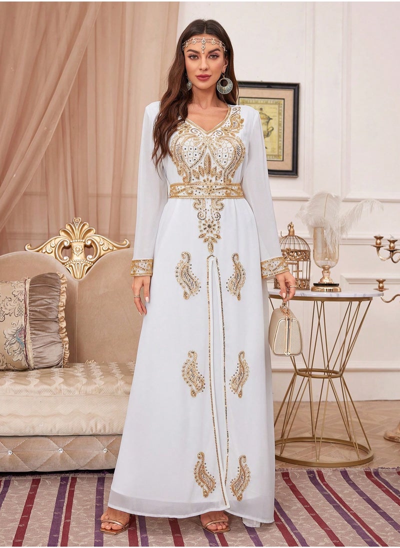 Sequin Embroidery V Neck arabic tunic maxi dress ankle long Abaya dress for woman