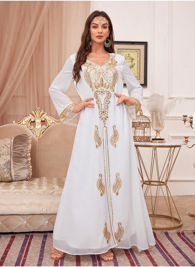 Sequin Embroidery V Neck arabic tunic maxi dress ankle long Abaya dress for woman