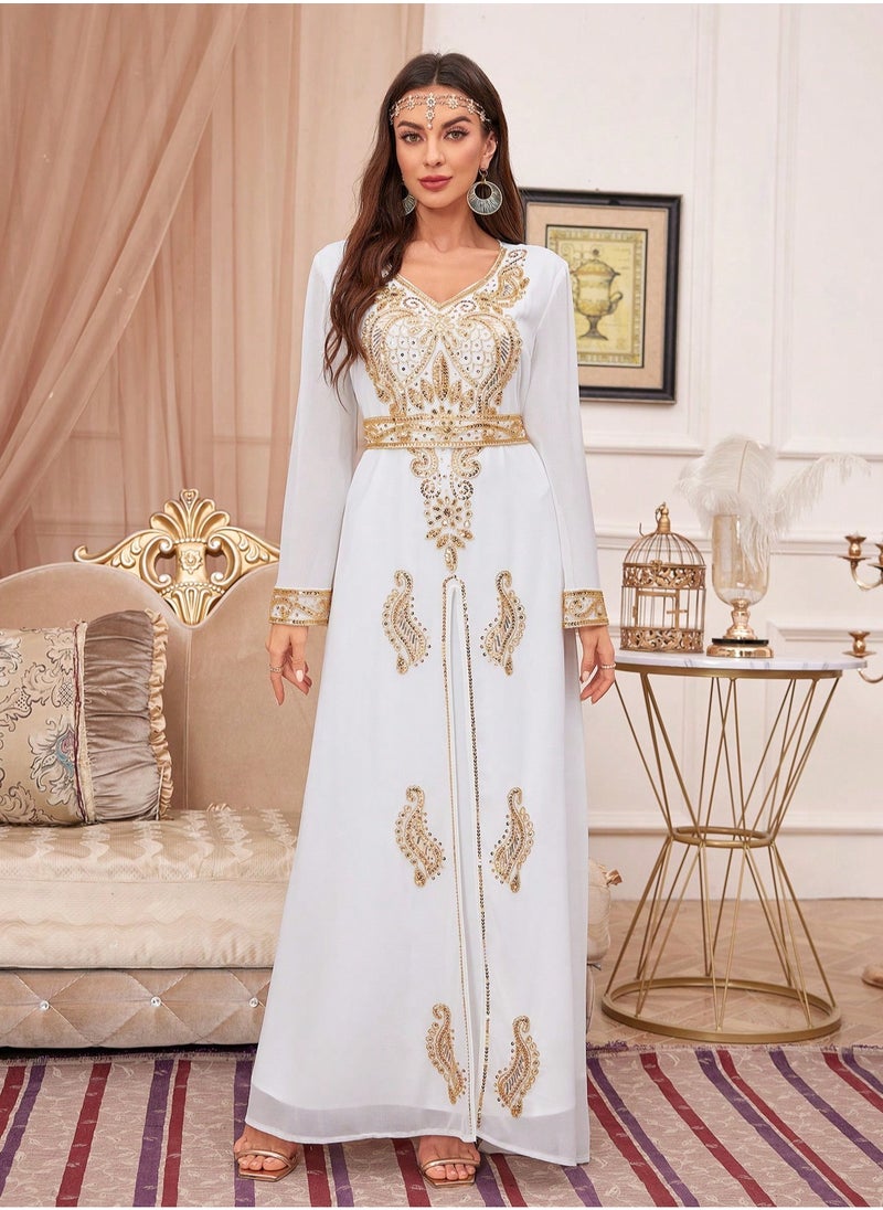Sequin Embroidery V Neck arabic tunic maxi dress ankle long Abaya dress for woman
