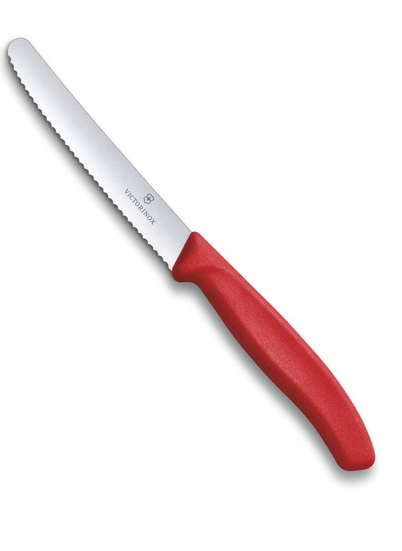 Victorinox Swiss Classic Tomato and Table Knife Ideal for Cutting Fruits and Vegetables with Soft Skin Serrated Blade in Red, 4.3 inches