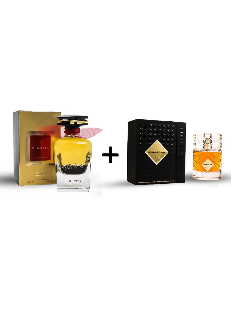 RIIFFS SPRAY BELLA ROUGE EAU DE PARFUM FOR WOMEN  100ML + RIIFFS SPRAY GOLDEN ELIXIR EXTRAIT DE PARFUM FOR MEN 100ml