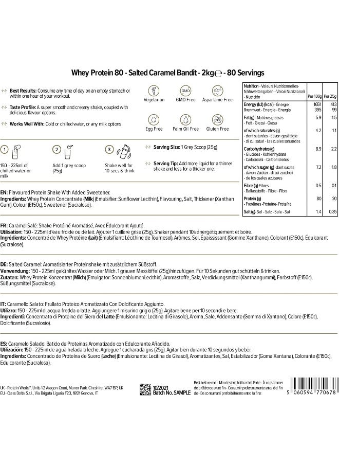 Whey 80 Powder Low Calorie Shake Whey Shake 57 Servings Salted Caramel Bandit 2Kg