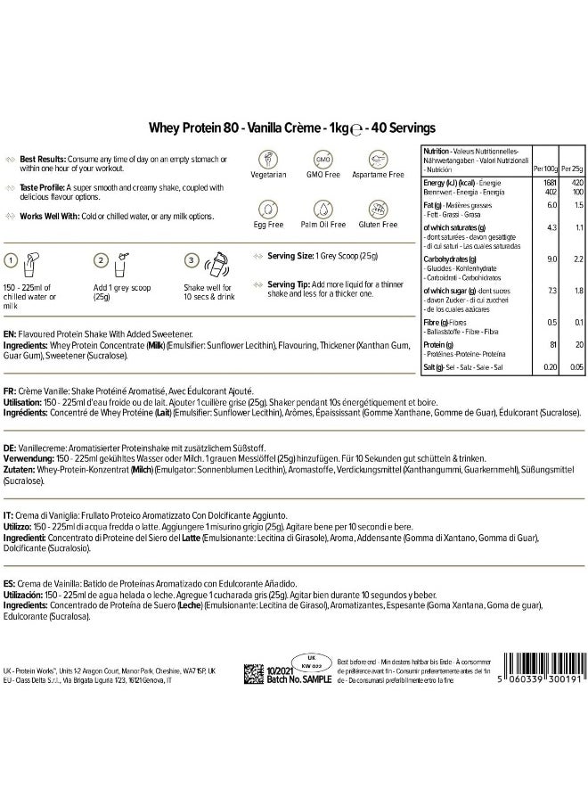 Whey Protein 80 Powder Low Calorie Protein Shake Whey Protein Shake 28 Servings Vanilla Creme 1Kg