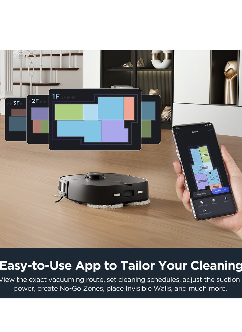 EUREKA Robot Vacuum Cleaner & Mop All-in-One Station, AI 3D Obstacle Detection, Intelligent Pet Bypass, Car Carpet Detection, Ideal Against Pet Hair, App & Voice Control, J12 Black